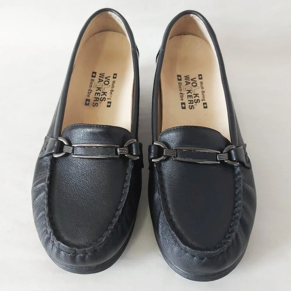 Volks Walkers Women Horse-bit Wedge Loafers 37 EU Black Dressy Comfort Heel
